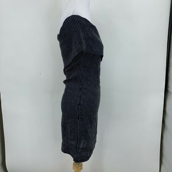 Beaufille Pinstripe One Sleeve Canopy Dress Size 4 Navy Linen Blend Stretch - Picture 5 of 13